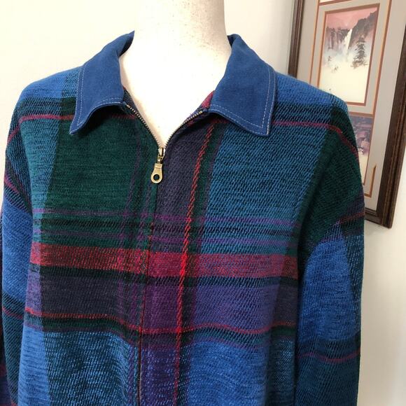 VTG 90s Koret City Blues Plaid Knit Zip Up Top Denim Collar Blue Green Red Large - Picture 2 of 8